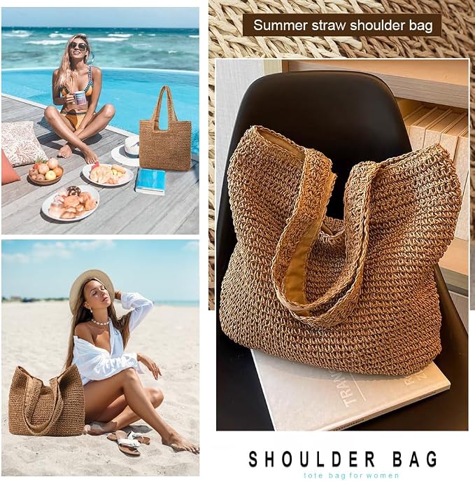 Straw Beach Bags for Women Woven Beach Tote Bag Casual Boho Large Shoulder
