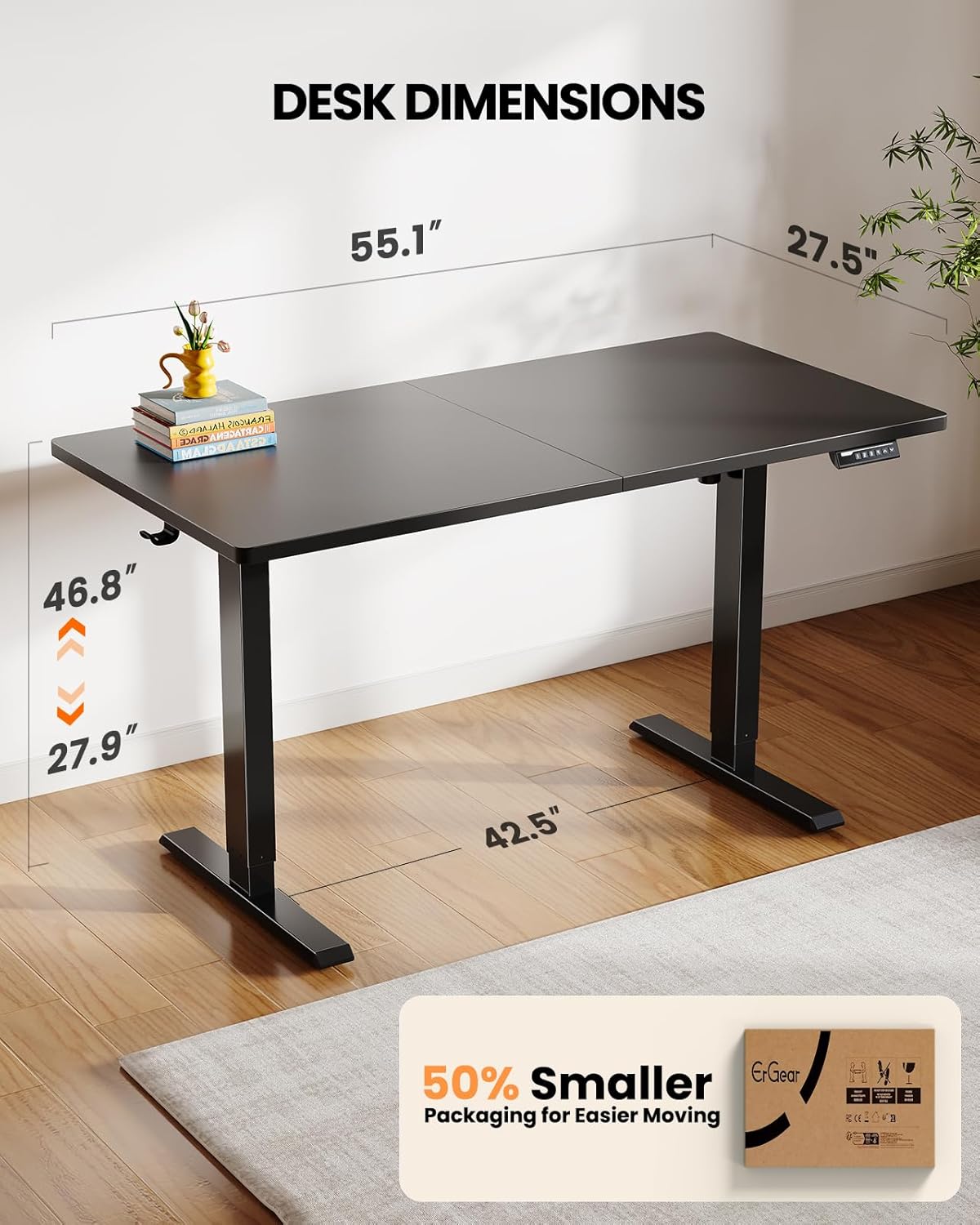 ErGear Electric Standing Desk, 55 x 28 inch Height Adjustable Sit Stand Up Desk, Computer Home Office Desk with 4 Memory Height Buttons, Two Pieces Desktop, Black, EGESD112B