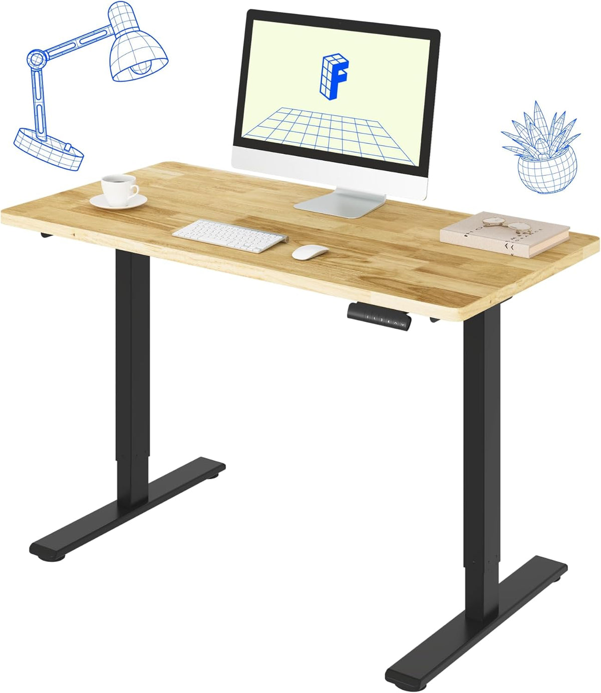 FLEXISPOT E3 Solid Wood Dual Motor Standing Desk 48x24 Inch Whole-Piece Board Electric Height Adjustable Stand Up Desk (Black Frame + Rubber Wood Desktop)