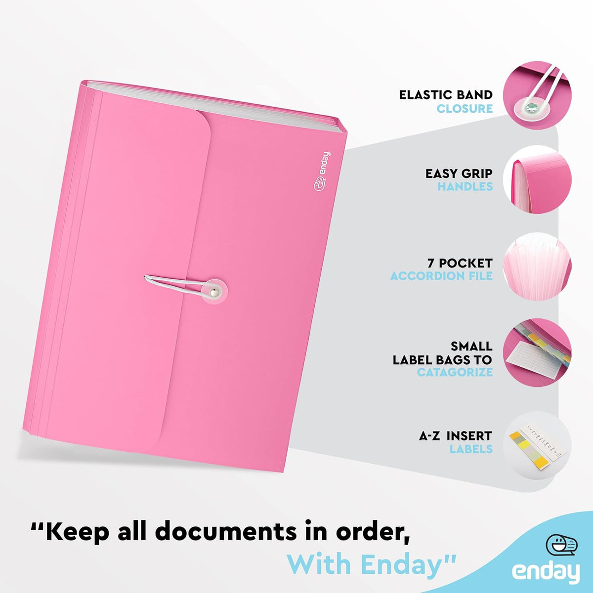 Accordion File Organizer Pink, 7 Pocket Expanding File and Cover Folder with Labels, Plastic Portable Desktop Letter A4 Paper, Also Available in Red, Purple, Green, Blue, Grey, 1 Pc – by Enday