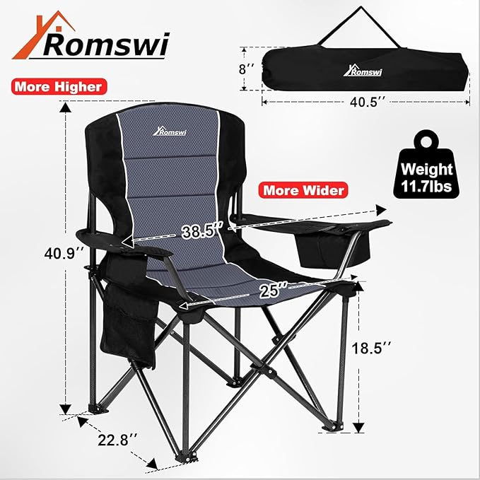 Romswi Oversized Camping Chairs, Heavy Duty Support 500 LBS, Padded Back & Arm