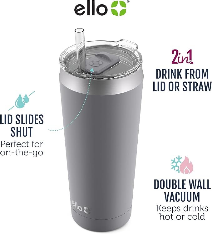 Ello Beacon Vacuum Insulated Stainless Steel Tumbler with Slider Lid and Optional Straw