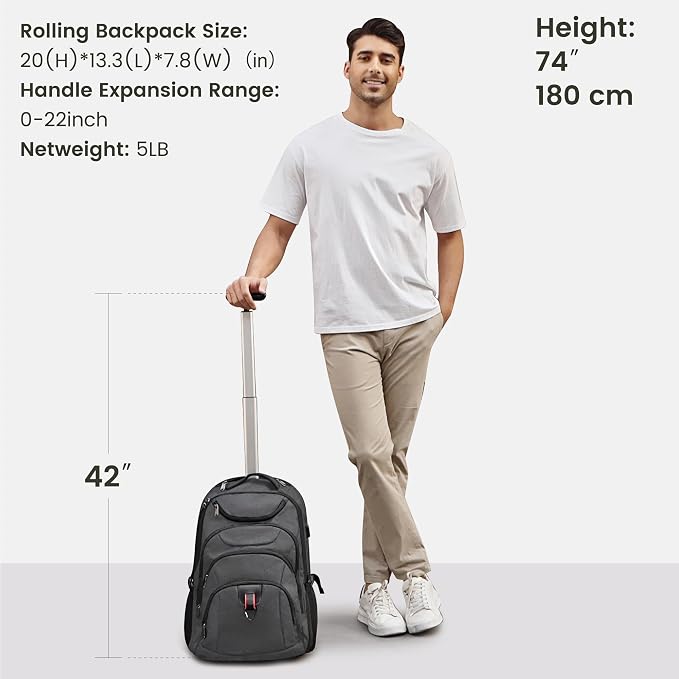 Boavan Rolling Backpack, 17 inch Water Resistant Wheeled Backpack, Carry on