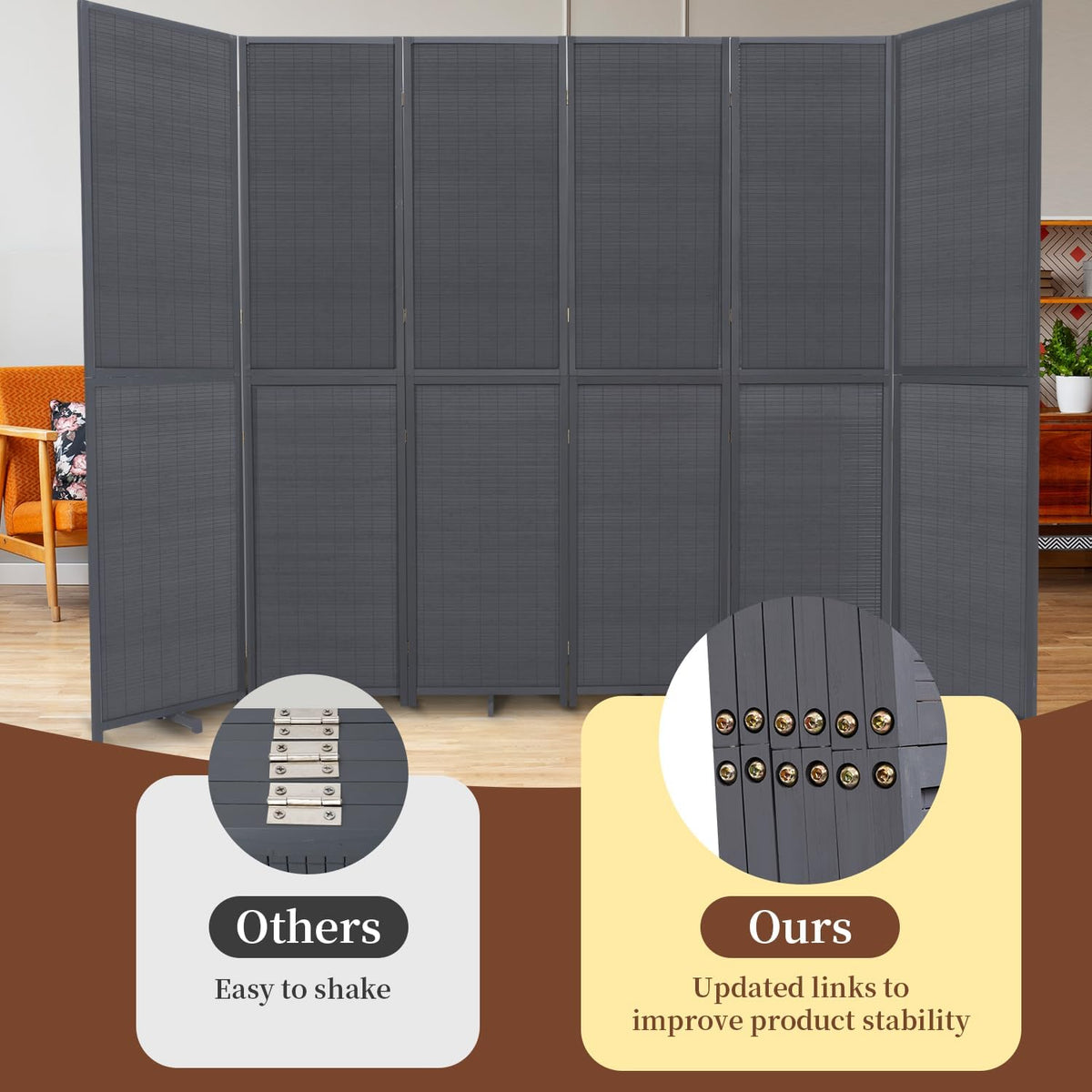 Bamboo Room Divider 6 Panel Wall Divider, 106'' W x 67'' H Folding Design with Extra Stable Base, 100% Bamboo Room Divider Screen for Room Separation, Chinese Room Partitions and Dividers Freestanding