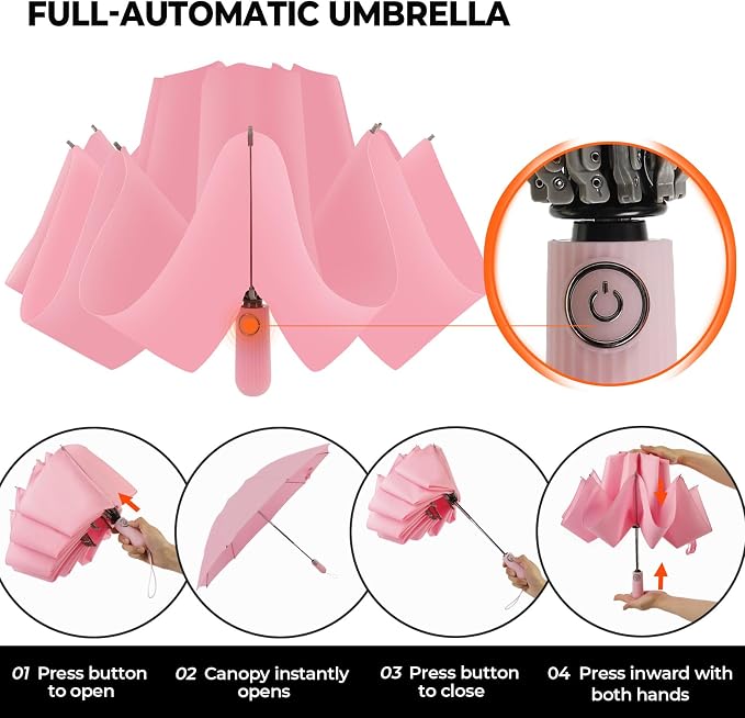 Compact Inverted Travel Umbrella, Automatic Open Close, 9-Rib 46 Inch Windproof