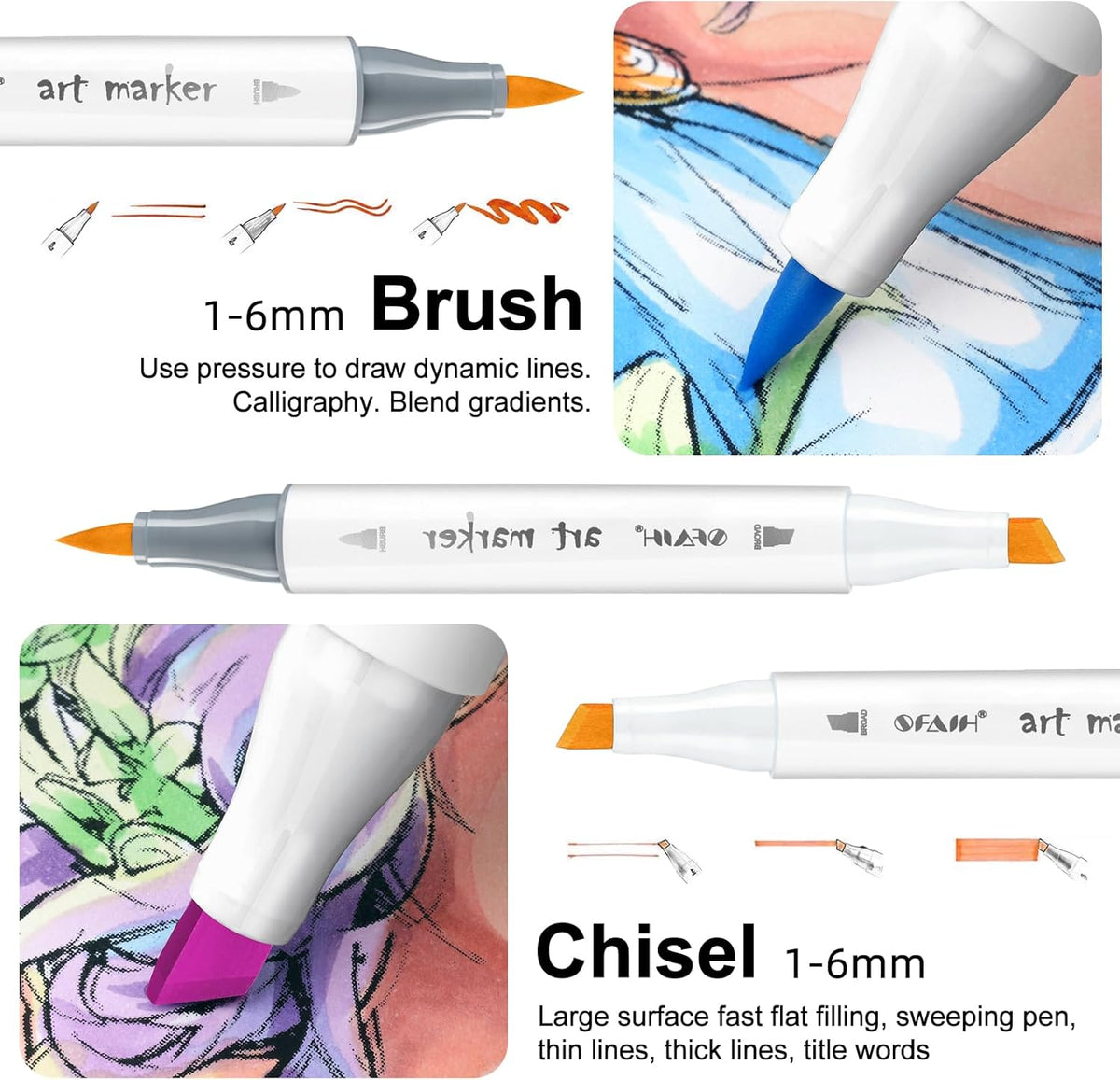 SFAIH Alcohol Markers Brush Tip & Chisel Tip - 72 Colors Double Tipped Art Markers for Adult Coloring Books Illustration, Gifts for Artist Adult - Refillable Alcohol-based Ink