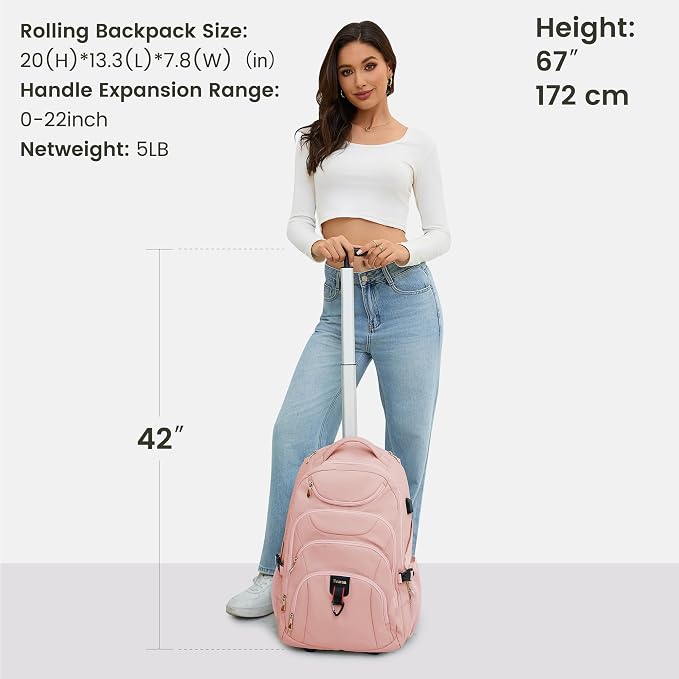 Boavan Rolling Backpack for Women, 17.3 Inch Wheeled Laptop Backpack, Large
