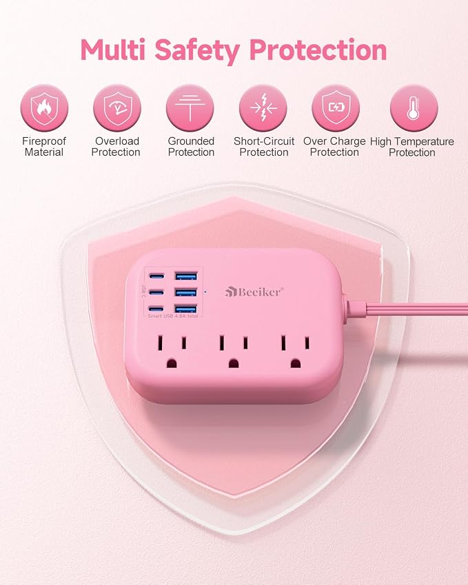 6 USB Pink Power Strip- 5Ft Pink Extension Cord