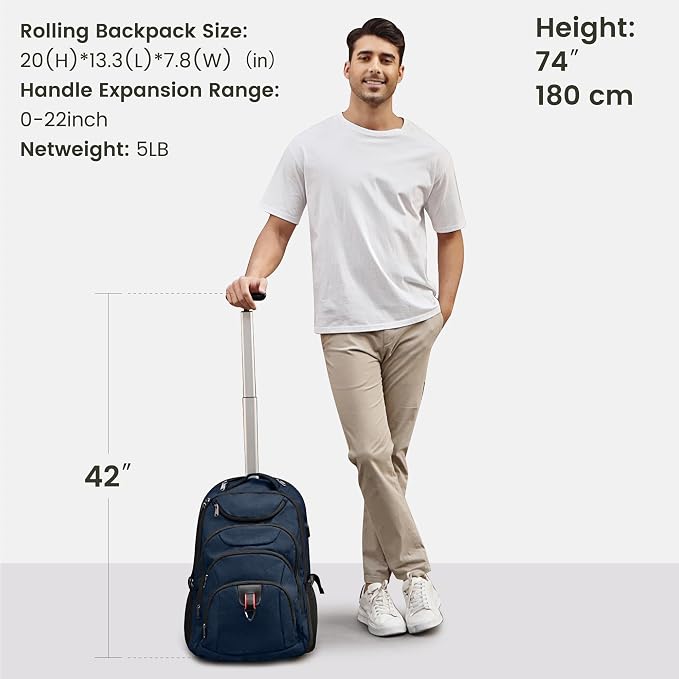 Boavan Rolling Backpack, 17 inch Water Resistant Wheeled Backpack, Carry on