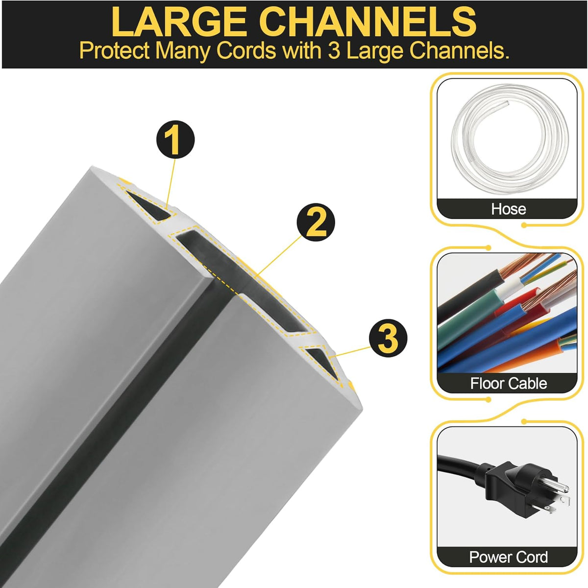 MYFAMIREA 20FT Floor Cord Cover Heavy Duty Cable Cover Protector 3 Channels Extension PVC Floor Wire Cover Outdoor Cord Hider Management Cord Cover for Wire on Floor Home Outdoor (2PCS 10FT, Grey)