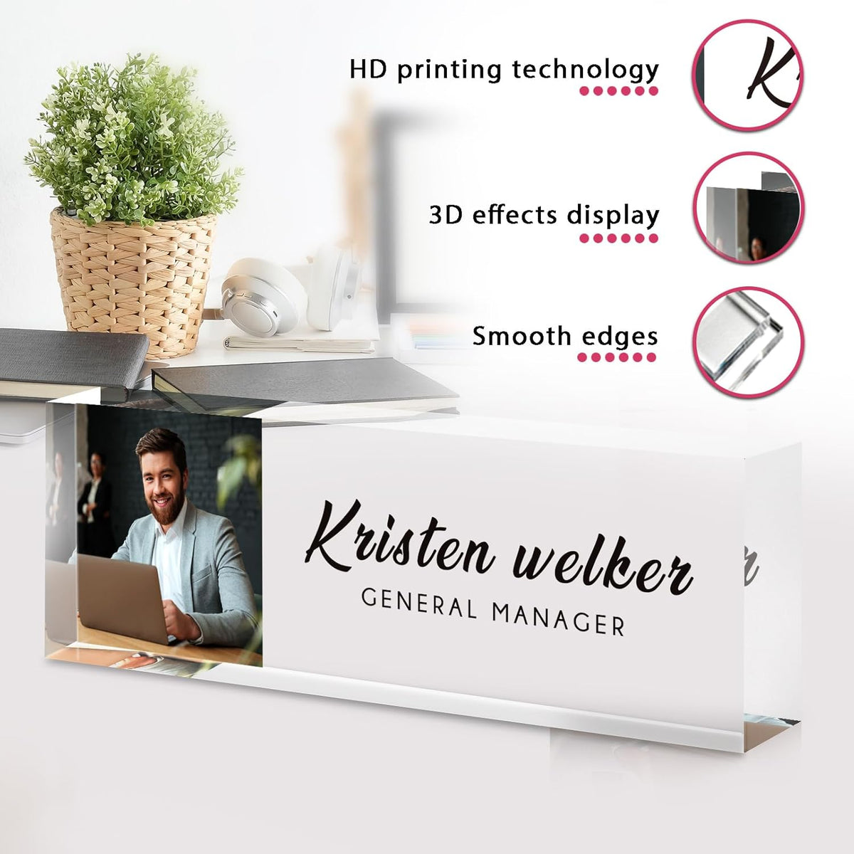 Personalized Name Plate for Desk - Custom Engraved Name Plates for Man - Boss Day Gifts for Boss - Acrylic Office Decor Appreciation Gifts for Teacher Nurse Coworker Social Worker (Colorful Photo)