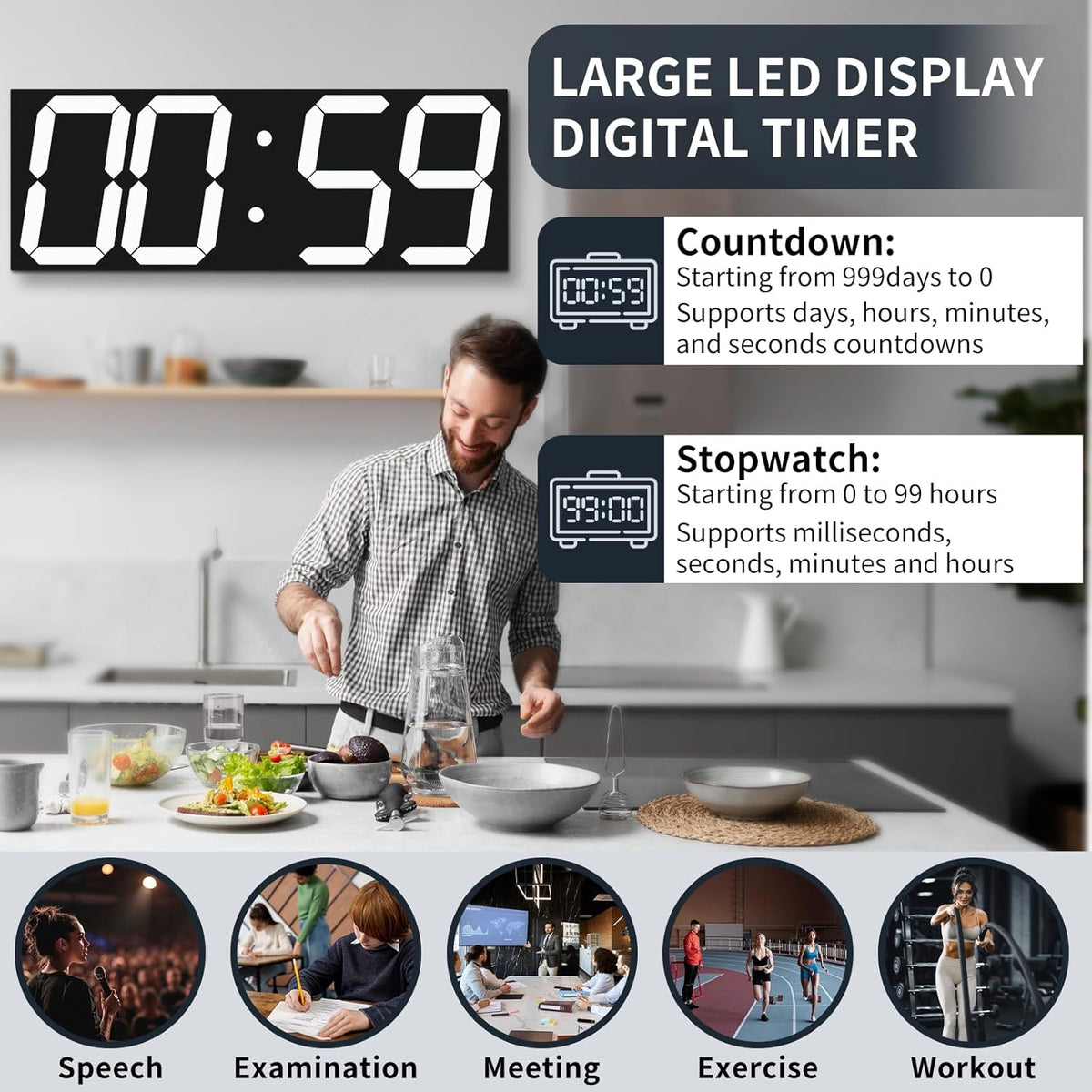 18.7in Large Digital Wall Clock,LED Digital Clock with Big Number,Multi-Function Remote Controlled Wall Clock with Timer, Alarm and Calendar Display(White)