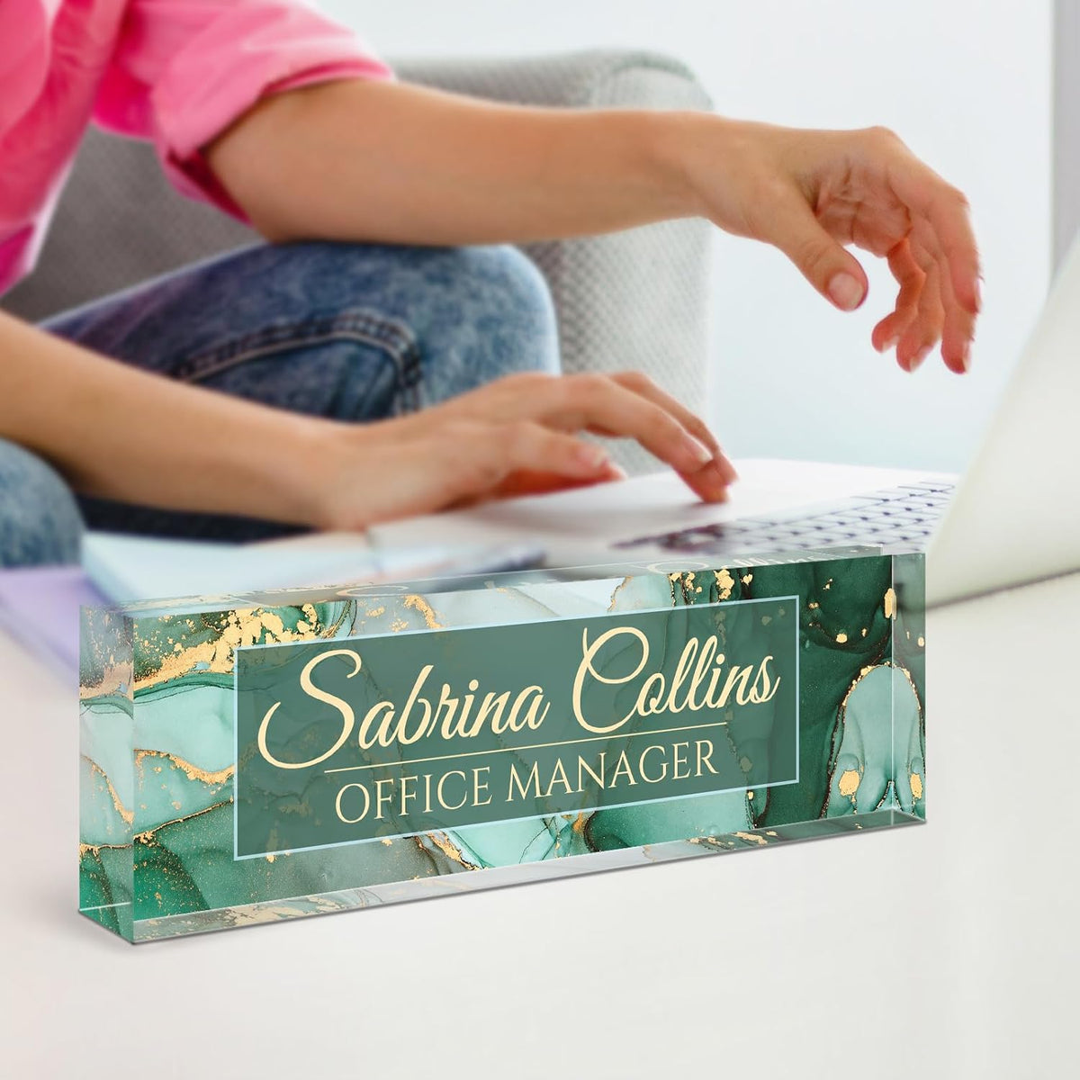 Name Plate for Desk, Desk Name Plate Personalized, Office Decor for Women Men, Acrylic Desktop Accessories, Office Gifts for Boss Nurse Teacher Coworker, Employee Appreciation Gift (Green Coast B)