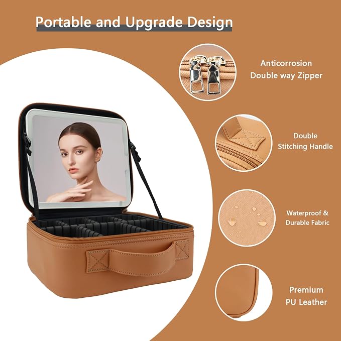 Makeup Bag with Led Mirror, Travel Makeup Organizer with 3 Color Setting