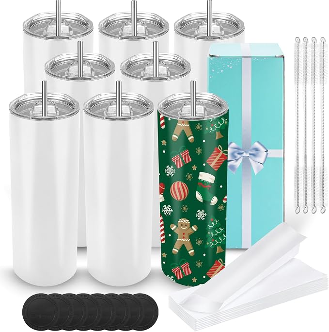 D·S 8 Pack Sublimation Tumblers 20 oz Bulk Skinny Straight Flat Bottom Blank Tumbler Cups with Individual Gift Boxed for Heat Transfer DIY Craft