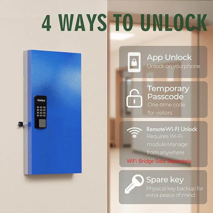 WeHere 48 Key Lock Box Wall Mount, APP Bluetooth/OTP/Wi-Fi Remote/Fixed