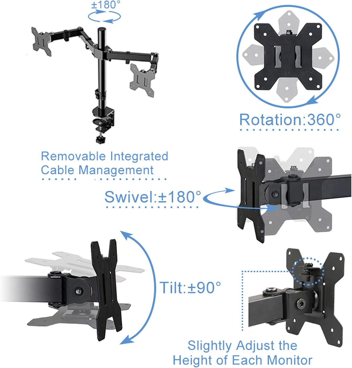 Rocelco 46" Large Height Adjustable Standing Desk Converter with Double Monitor Mount Arm BUNDLE - Quick Sit Stand Up Computer Workstation Riser - Retractable Keyboard Tray - Black (R DADRB-46-DM2)