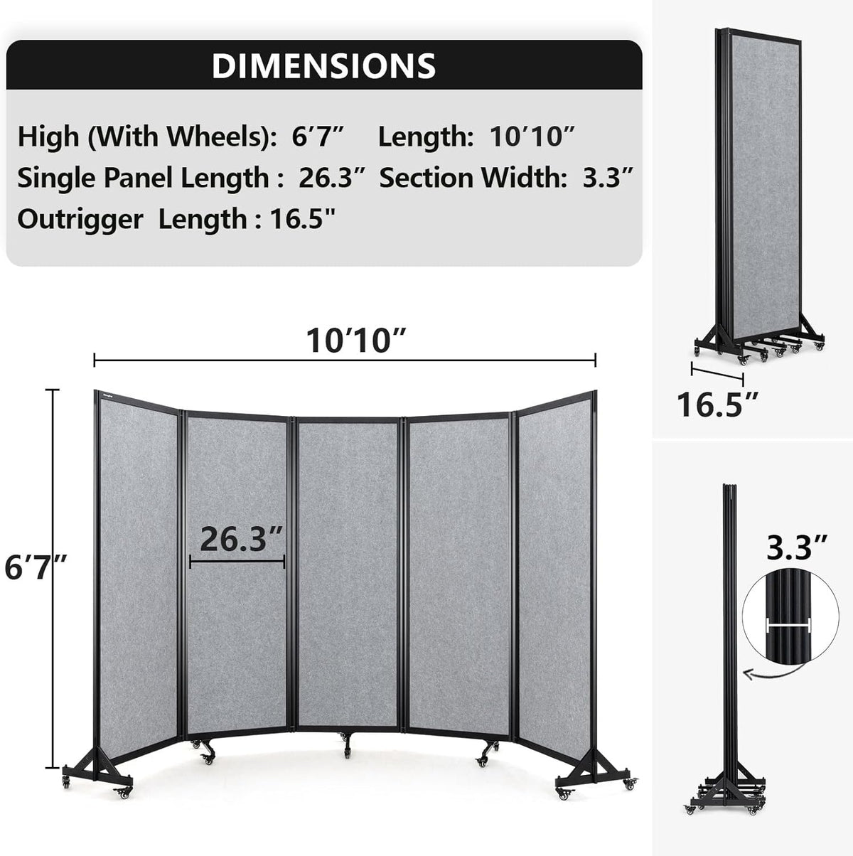 Room Partition,Folding Privacy Divider,Office Partition Dividers,Office Dividers Wall, 10'6"W x 6'7"H,Light Grey
