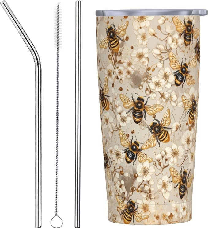 Bee Tumbler with Lid and Straw 20oz Vacuum Insulated Coffee Cup Stainless Steel Tumblers Leakproof Travel Mug Present for Women Men