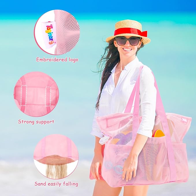Tagitary Mesh Beach Bag with Zipper Large Beach Tote Waterproof Sandproof with