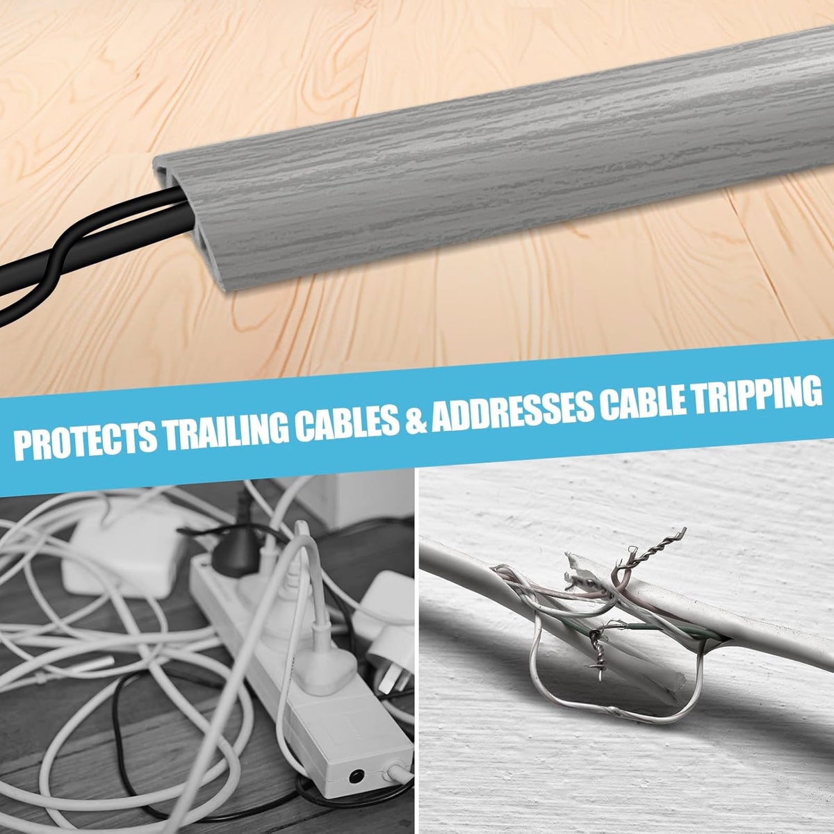Floor Cord Cover Self Adhesive Cord Hider,3.3FT Cable Management, Extension Strip Protector for Wires, Prevent Cable Trips for Offices, Gyms, Exhibitions Cavity:0.3"(W) x 0.28"(H) Gray Wood