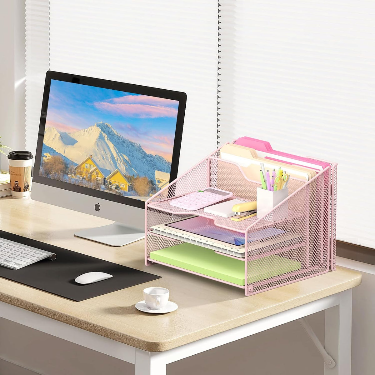 samstar Pink Desk File Organizer, Mesh Letter File Folder Holder with 3 Paper Trays and 2 Vertical Upright Section, for Office Supplies, Desk Accessories & Workspace, Pink