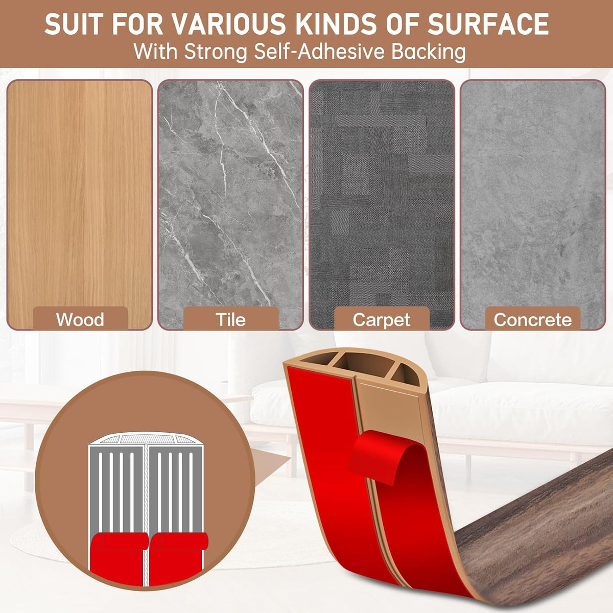 Floor Cord Cover Self Adhesive Cord Hider Floor Extension Cord Covers for Floor Power Cord Protector Cable Management Prevent Cable Trips Cable Cavity 0.51" W x 0.31" H (Smoked Brown Wood, 20Ft)