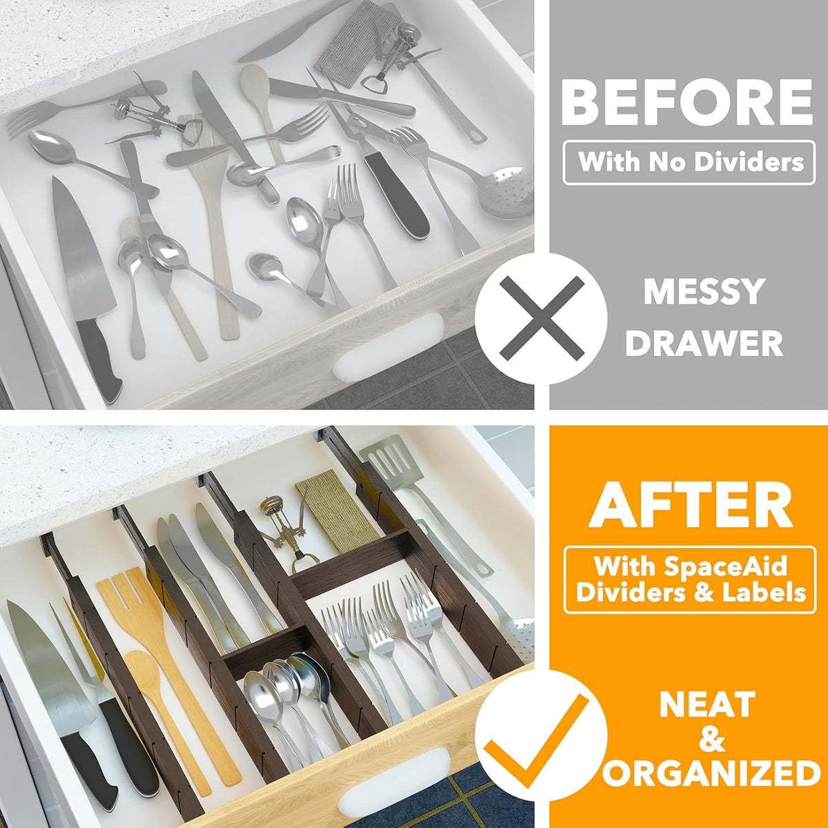SpaceAid Bamboo Drawer Dividers with Inserts and Labels, Kitchen Adjustable Drawer Organizers, Expandable Organization for Home, Office, Dressers, 4 Dividers with 9 Inserts (17"-22" Black)