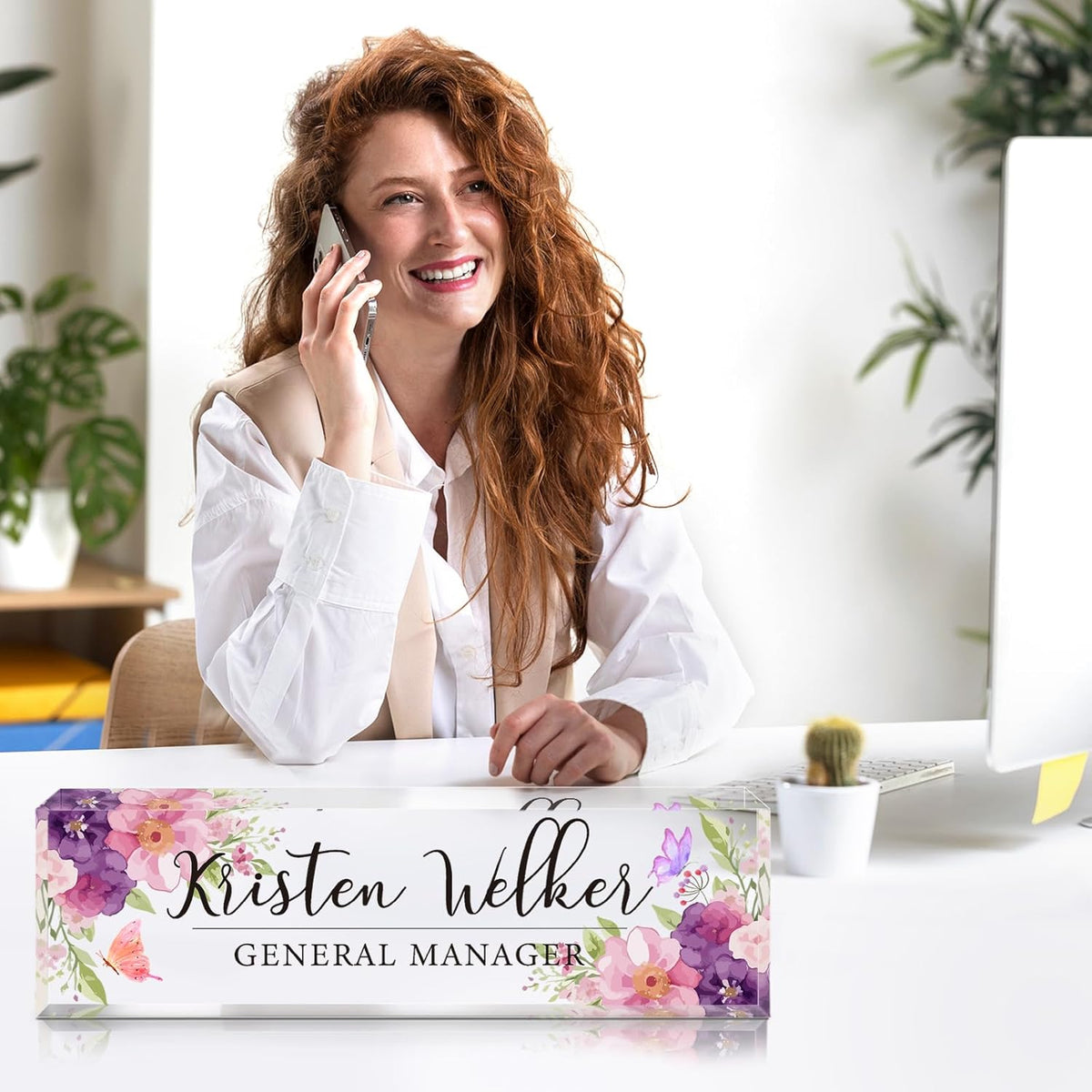 Personalized Name Plate for Desk - Custom Engraved Name Plates for Man - Boss Day Gifts for Boss - Acrylic Office Decor Appreciation Gifts for Teacher Nurse Coworker Social Worker (Bouquet)