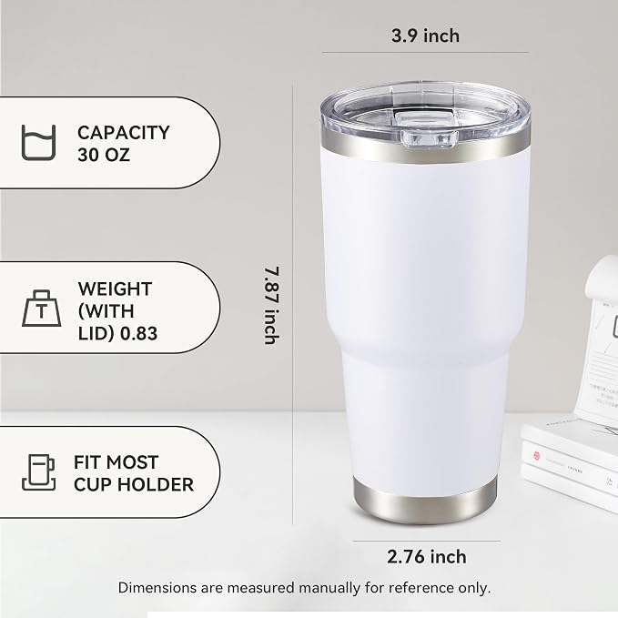 30 oz Tumbler with Lid Stainless Steel Tumblers Bulk Vacuum Insulated Cup Reusable Powder Coated Travel Mug Double Wall Leak Proof Cups Keep Cold Drinks for 12 Hours White, Set of 12