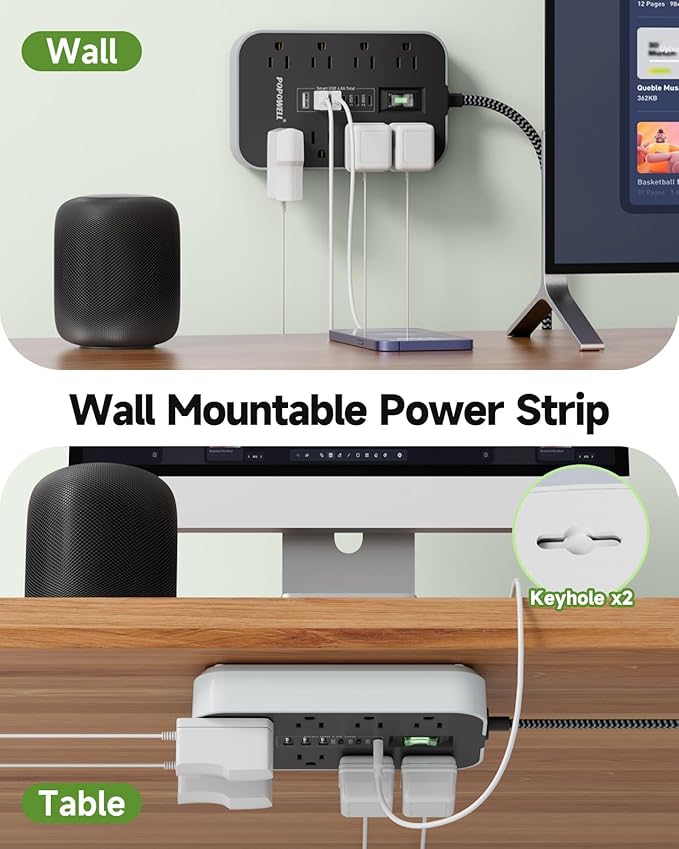 Power Strip Surge Protector- 5FT Flat Plug Extension Cord, 8 AC Outlet& 6 USB