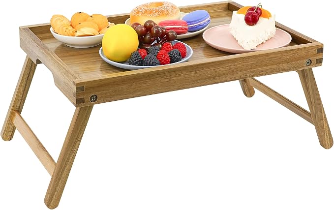 VaeFae Acacia Bed Table Tray, Wooden Breakfast Tray