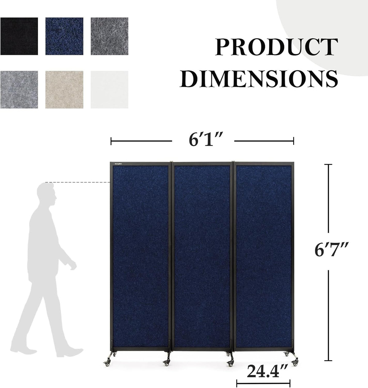 Upgrade Version Room Partition and Divider, Freestanding Rolling Dividers with Wheels,Office Privacy Screen Divider Wall,Classroom Felt Dividers,6'L* 6'7"H,3 Panel,Blue