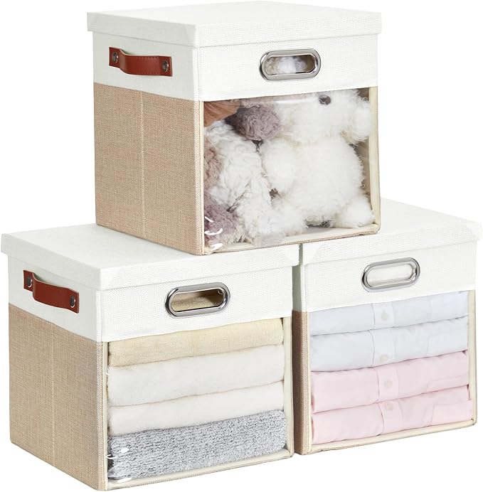 Fabric Storage Cubes with Clear Windows and Lids 11'' Foldable Storage Bins