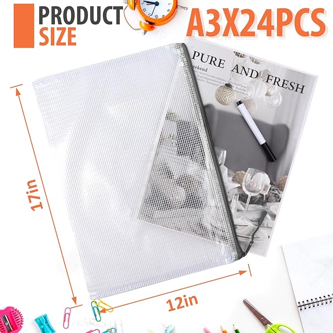 24pcs Mesh Zipper Pouch, Puzzle Storage Bags, A3 17x12 Inches Large Reusable