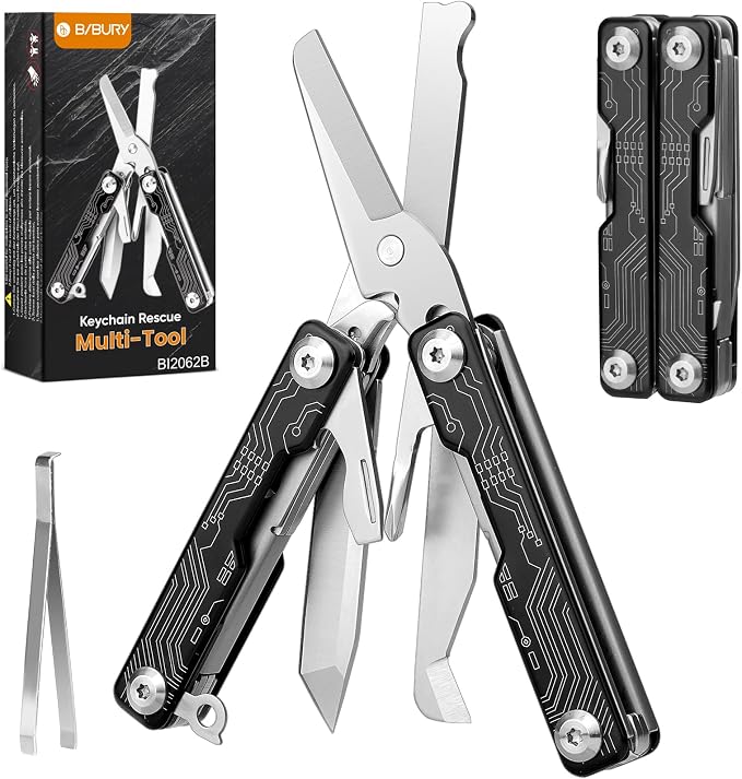BIBURY Mini Keychain Multitool Scissors B12062B, 9 in 1 Multitool EDC Scissors