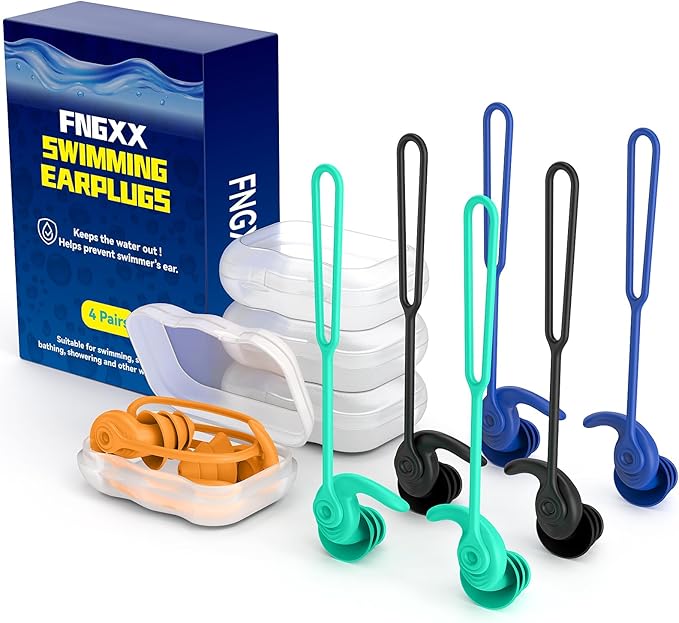 Swimming Ear Plugs for Adults, 4 Pairs Waterproof Reusable Silicone Swim Earplugs with Removable Cord, Perfect for Swimming, Showering, Surfing and Other Water Sports - Two Wearing Styles