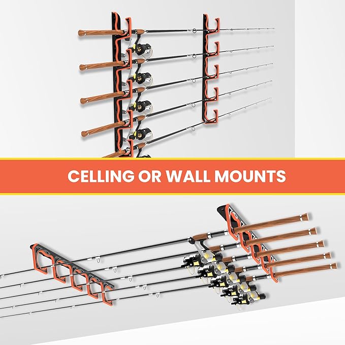 Fishing Rod Holder for Garage, H5 Wall or Ceiling Mounted Fishing Pole Holders