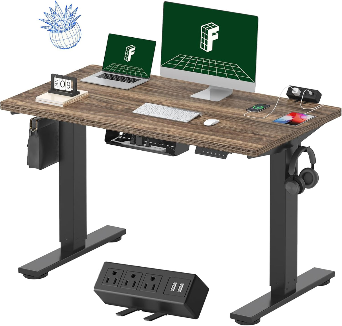 FLEXISPOT EN2 Whole-Piece Standing Desk with Clamp Power Strip, 48 x 24 Electric Stand Up Height Adjustable Desk with Cable Management (Black Frame + 48" Black Walnut Desktop, 2 Packages)