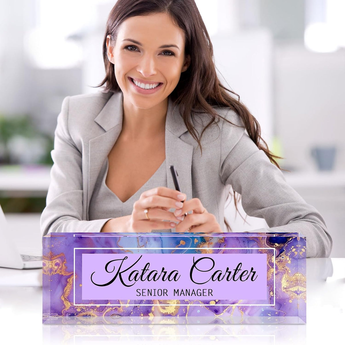 Name Plate for Desk Personalized, Acrylic Desk Decorations, Employee Appreciation Gifts, Custom Office Gifts for Coworkers, Boss, Teacher, Nurse (Purple Gold Marble)