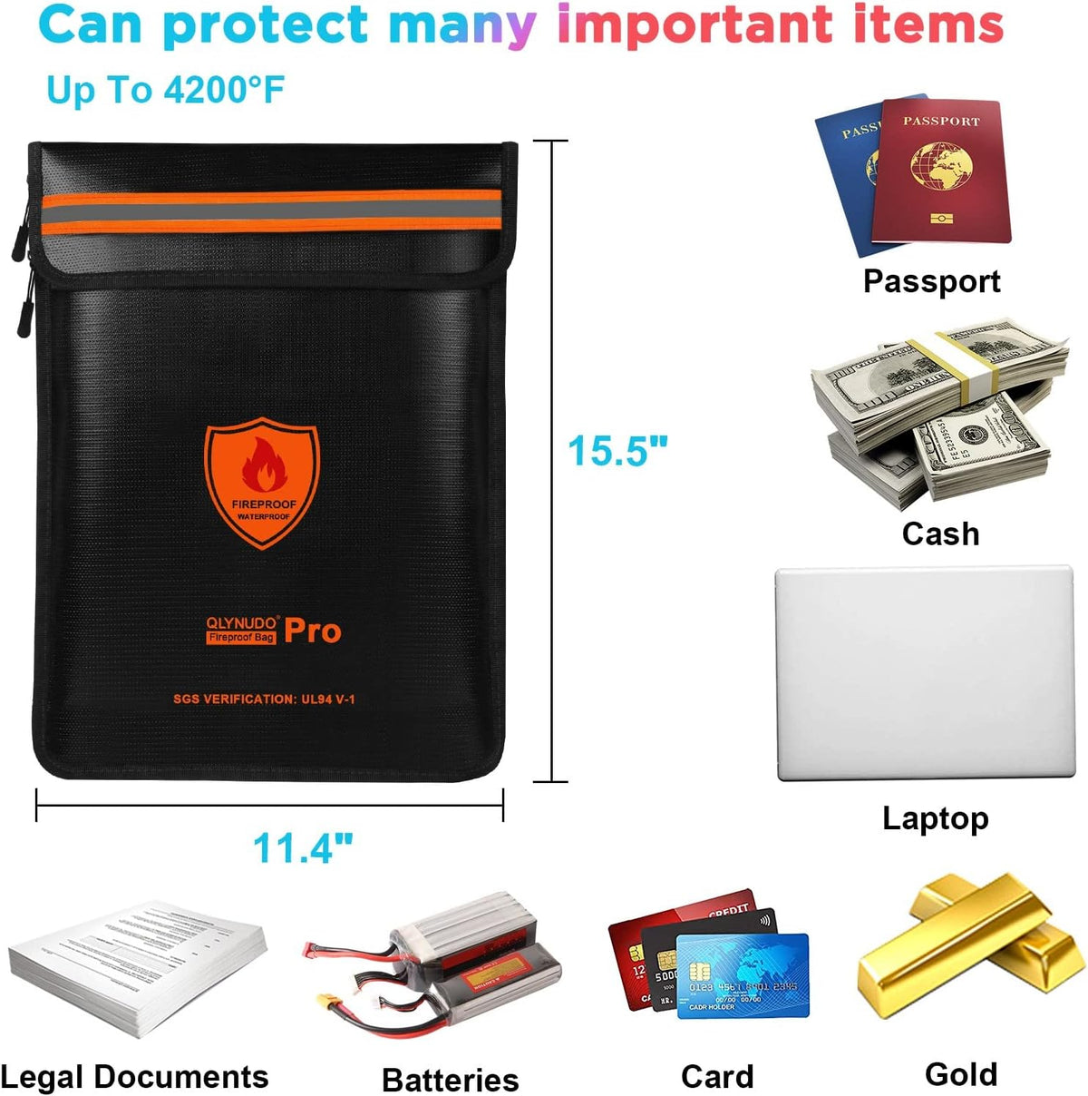 4200℉ Upgraded Fireproof Document Bag, Important Waterproof Document Holder with Thermal Insulation Layer, Legal Size Fireproof Envelope with Zipper/Reflective Strip
