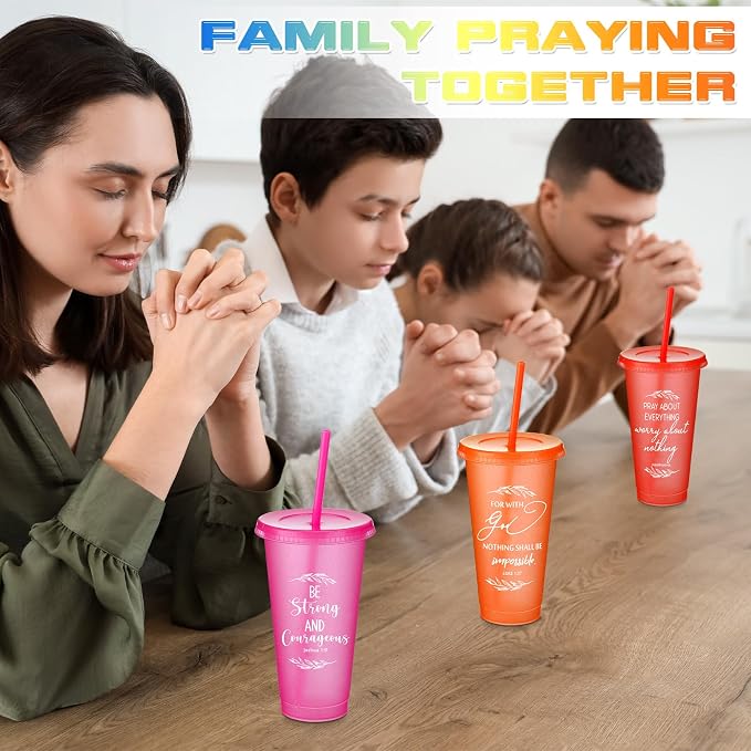 Havawish 24 Pcs Mothers Day Christian Tumbler Gift Bulk Religious Inspirational 24 oz Drinking Jesus Cup with Lid Straw Bible Verse Plastic Cup for Church Father Teacher First Communion (Colour)