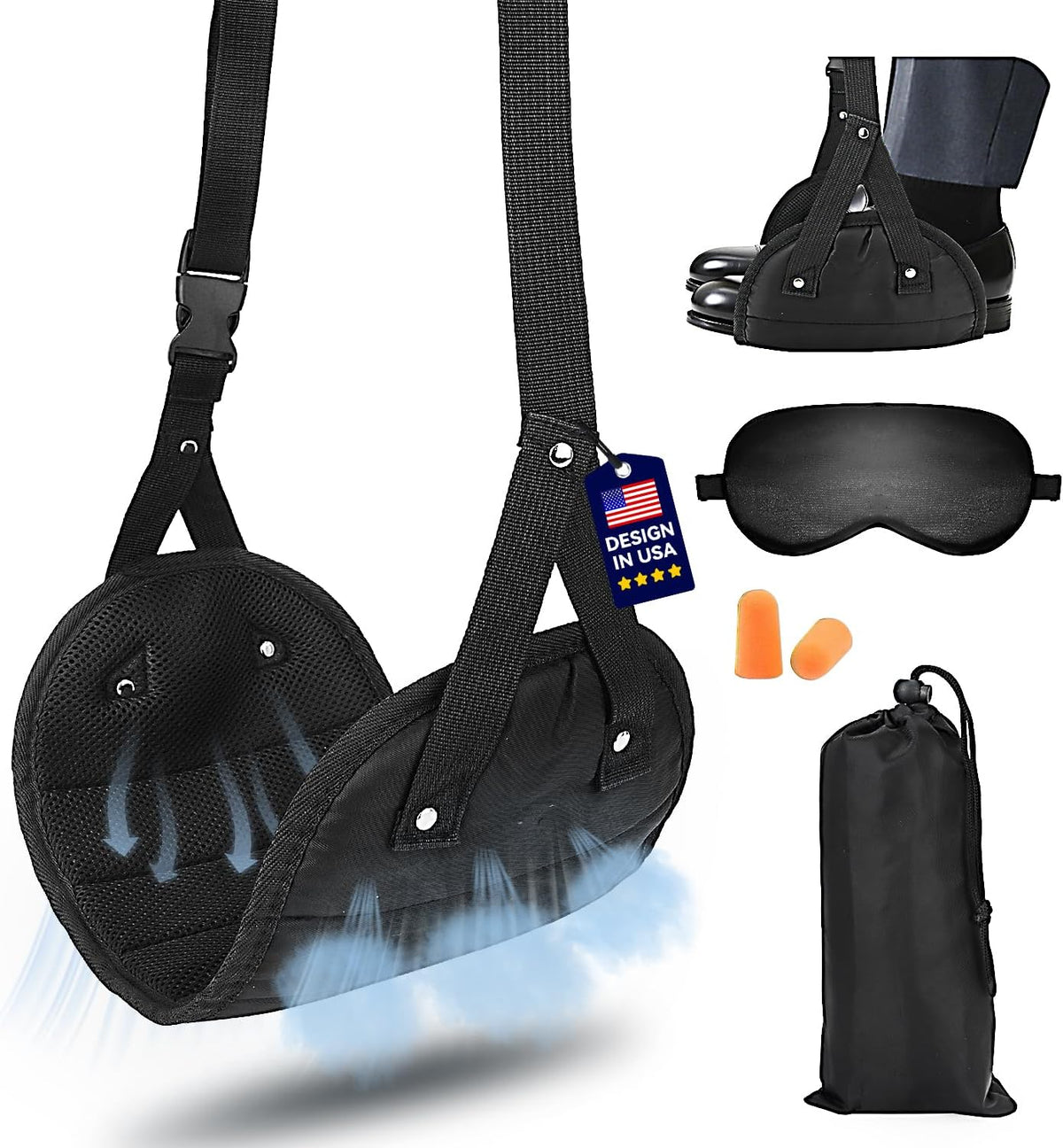 Portable Airplane Foot Hammock(Memory Foam)-Ultimate Comfort Bundle w/Sleep Mask & Ear Plugs, Foot Hammock for Plane Travel Essentials to Relax Your Feet, Airplane Foot Rest Perfect for Long Flight