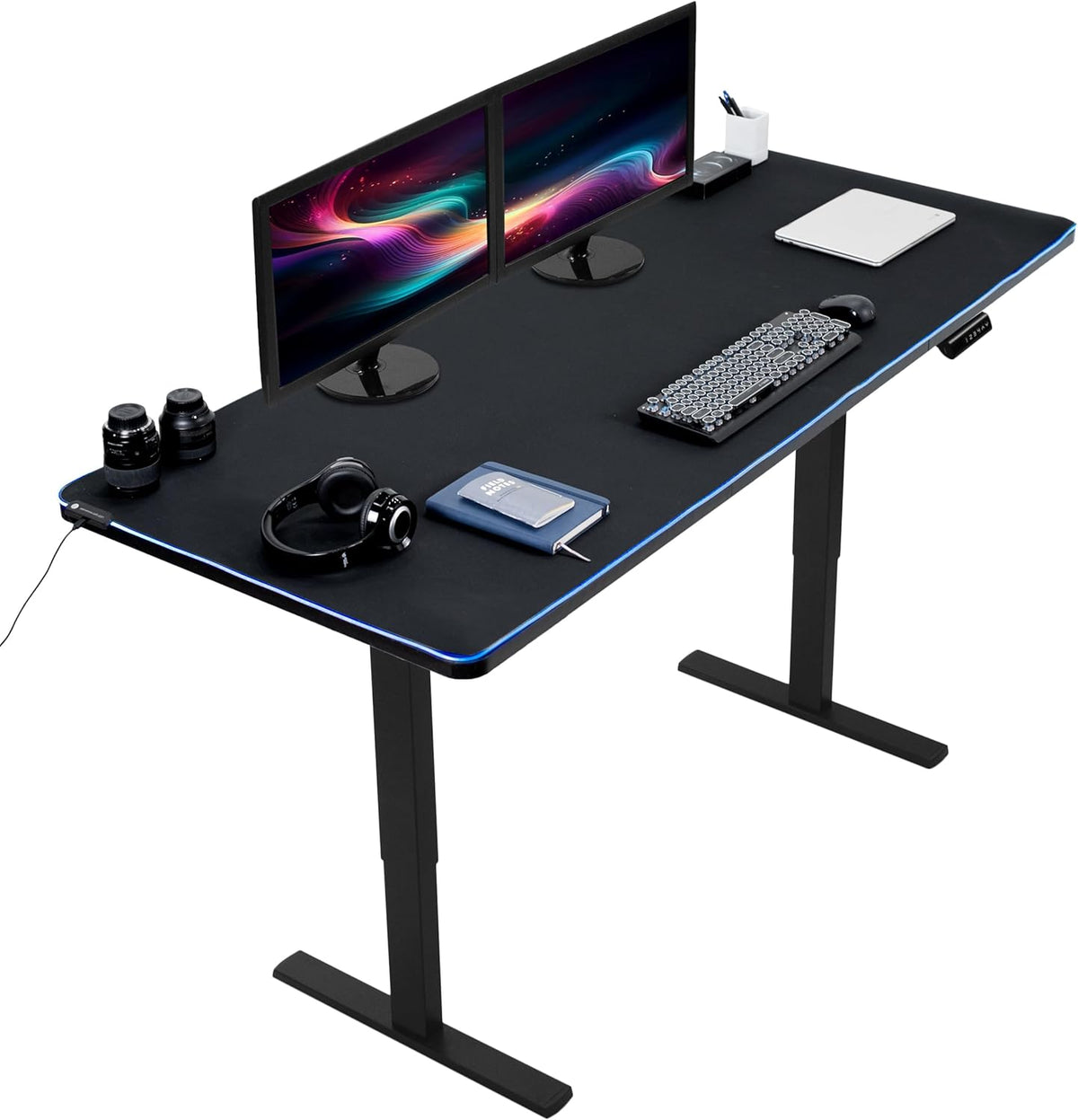 VIVO Electric 71 x 30 in Standing Desk with Full-Size RGB Mouse Pad, Memory Height Adjustment, 1B Series, Black Top Black Frame, DESK-KIT-1B7BP