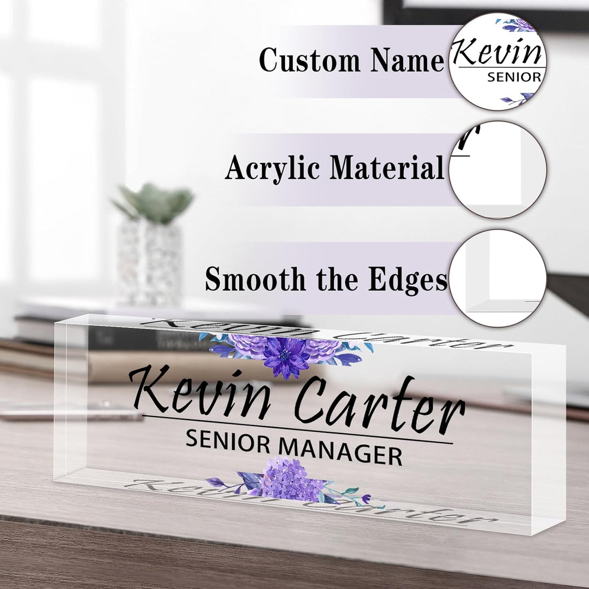 Name Plate for Desk Personalized, Acrylic Desk Decorations, Employee Appreciation Gifts, Custom Office Gifts for Coworkers, Boss, Teacher, Nurse (Purple Flowers)