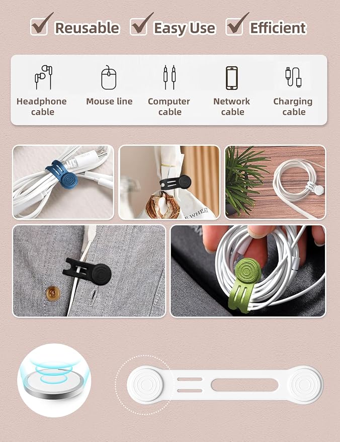 Kanemc 8-Pack Magnetic Cable Ties, Magnet Cord Wraps Reusable Silicone Cable