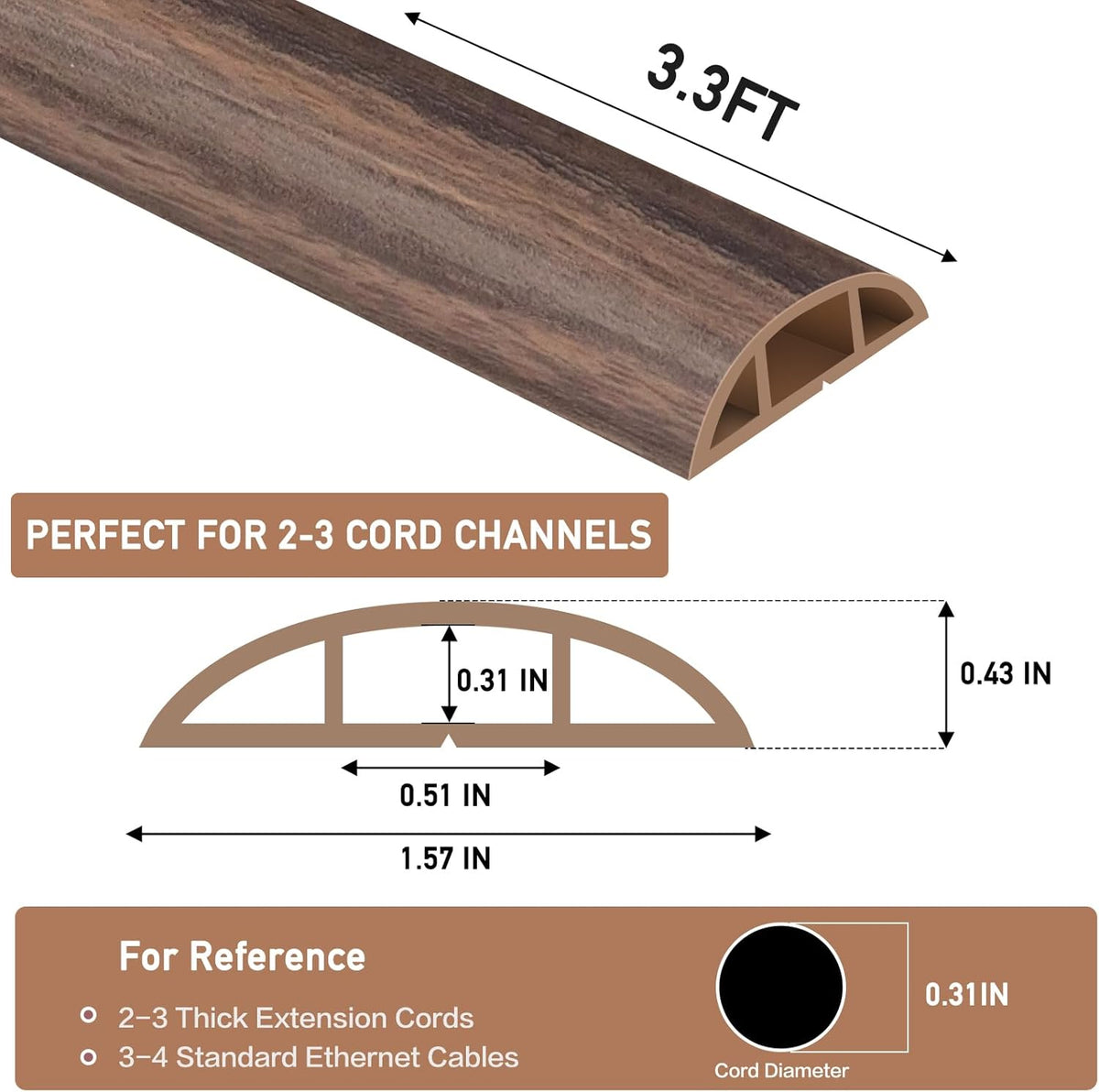 Floor Cord Cover Self Adhesive Cord Hider Floor Extension Cord Covers for Floor Power Cord Protector Cable Management Prevent Cable Trips Cable Cavity 0.51" W x 0.31" H (Smoked Brown Wood, 3.3Ft)