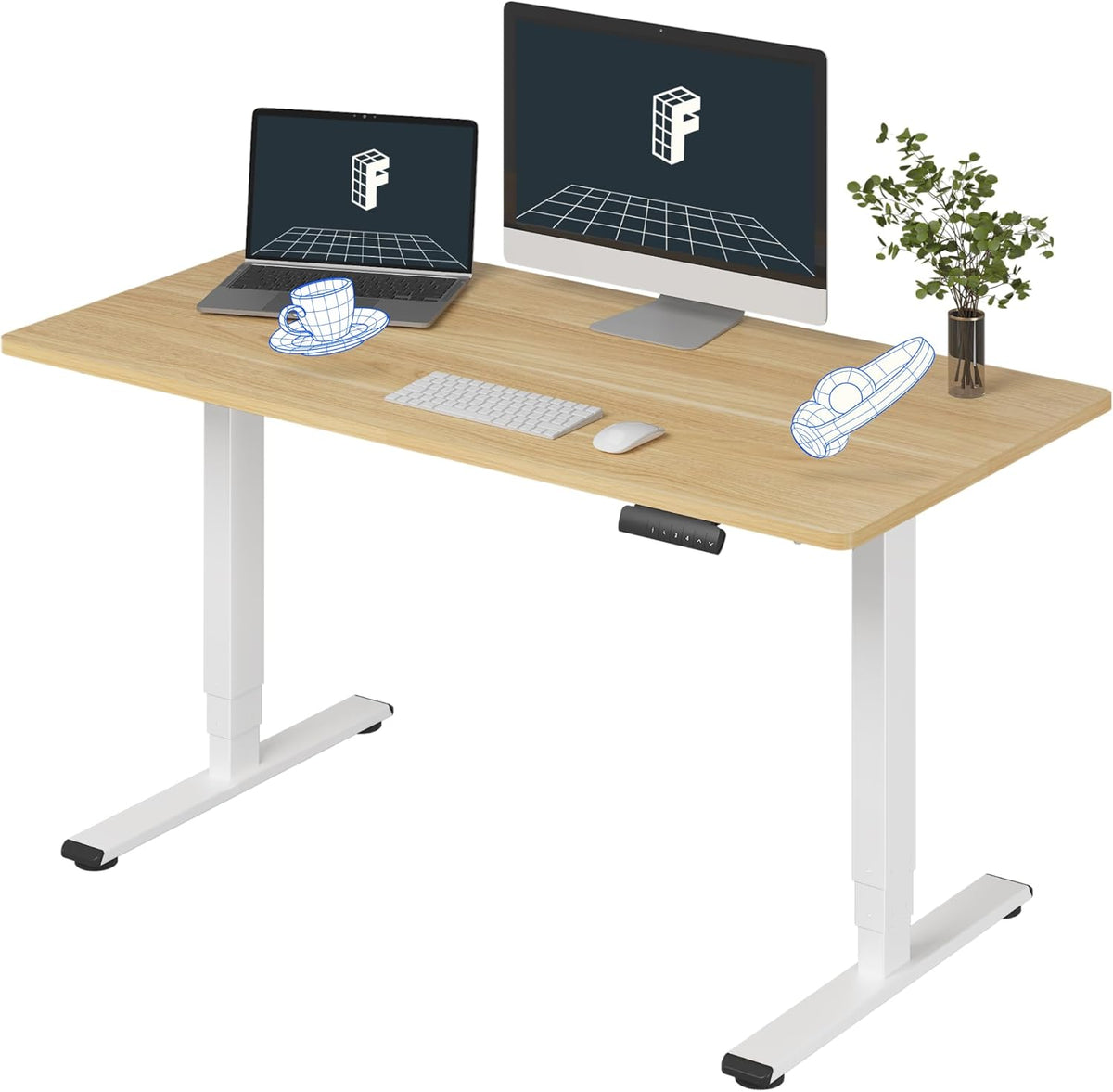 FLEXISPOT E6 Essential 3 Stages Dual Motor Electric Standing Desk 55x28 Inch Whole-Piece Board Height Adjustable Electric Sit Stand Desk(White Frame + Maple Desktop, 2 Packages)