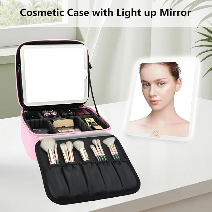 Travel Makeup Bag with LED Mirror Travel Makeup Organizer with 3 Lighted