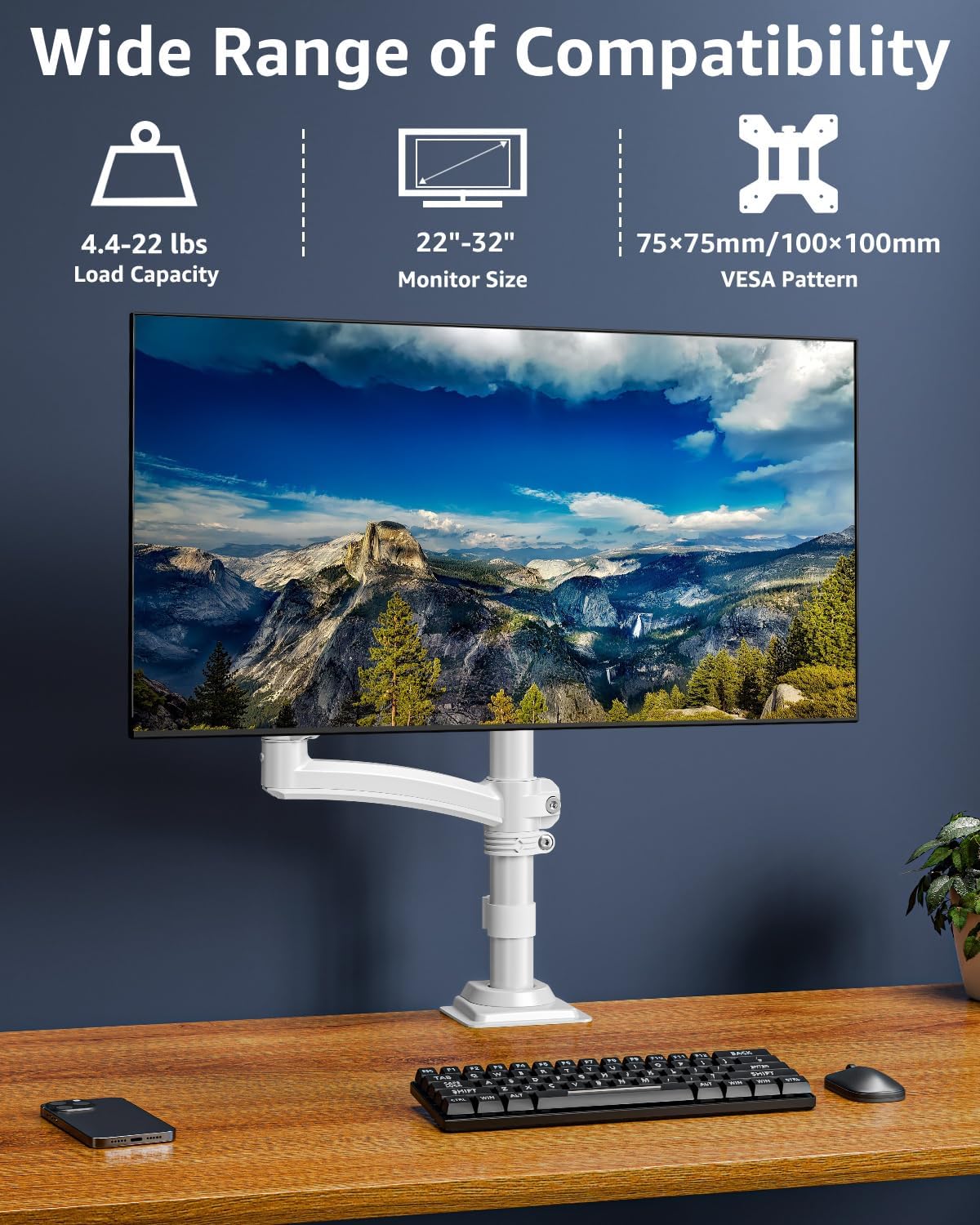 Single Monitor Arm Holds 4.4-22lbs, Monitor Stand for Desk, Height Adjustable Monitors Mount for 32 27 24 22inch, Full-Motion Monitors Desk Mount with C-Clamp＆Grommet Base, Freelift White
